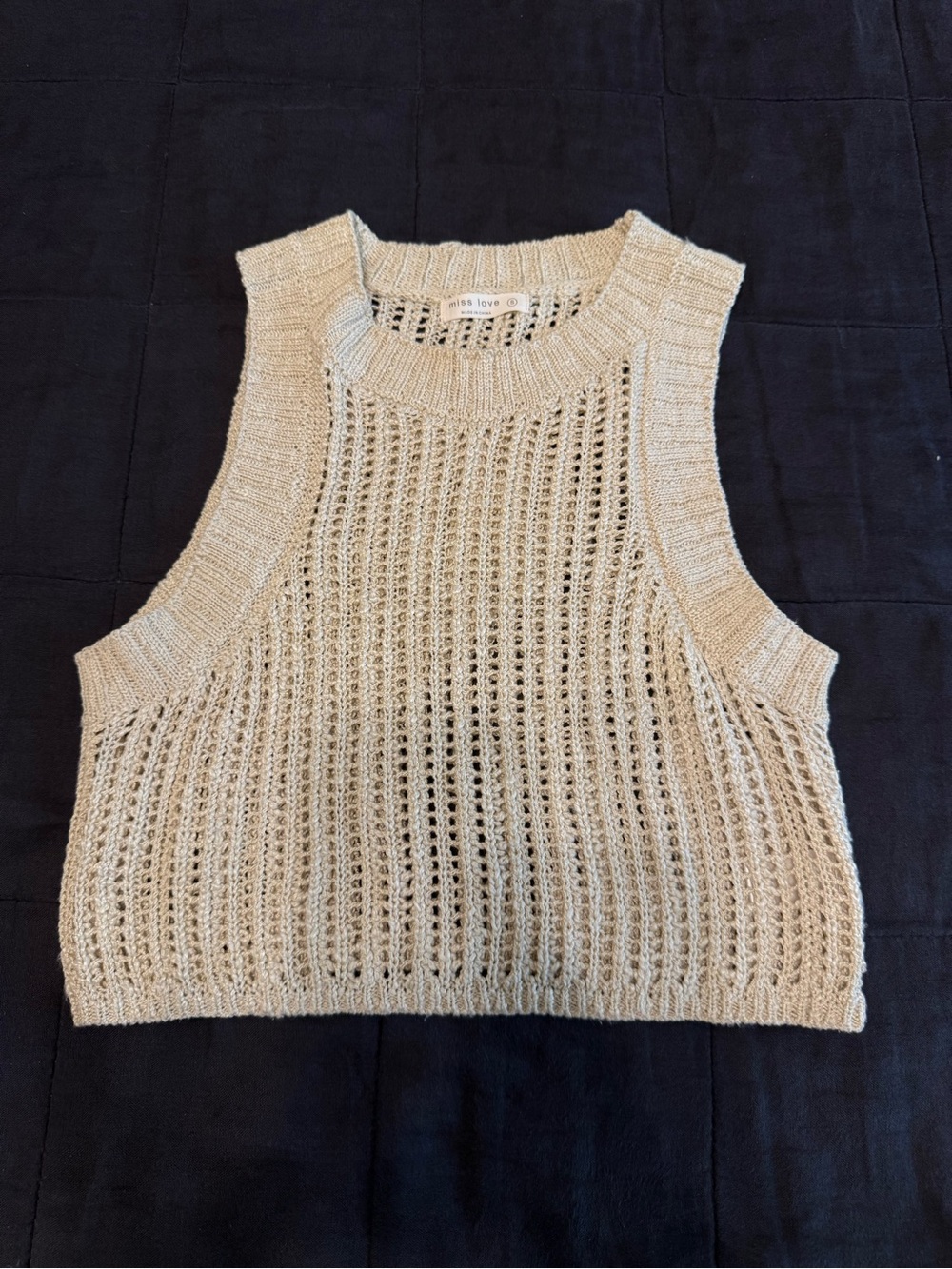 Knit Open-Stitch Crop Tank Top in Beige